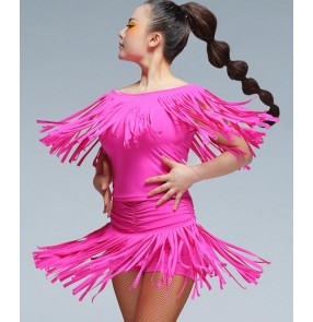 Hot pink fuchsia red black  black and white patchwork fringes women's ladies female competition performance professional latin salsa cha cha dance dresses sets outfits
